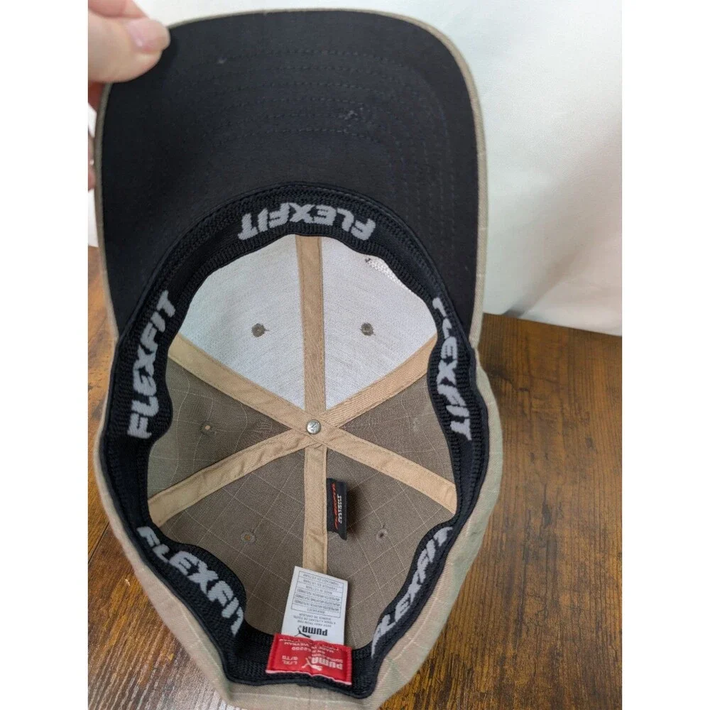 PUMA Grid Pattern Ripstop Baseball Cap Hat L/XL Gray Taupe Retro Patch Stretch